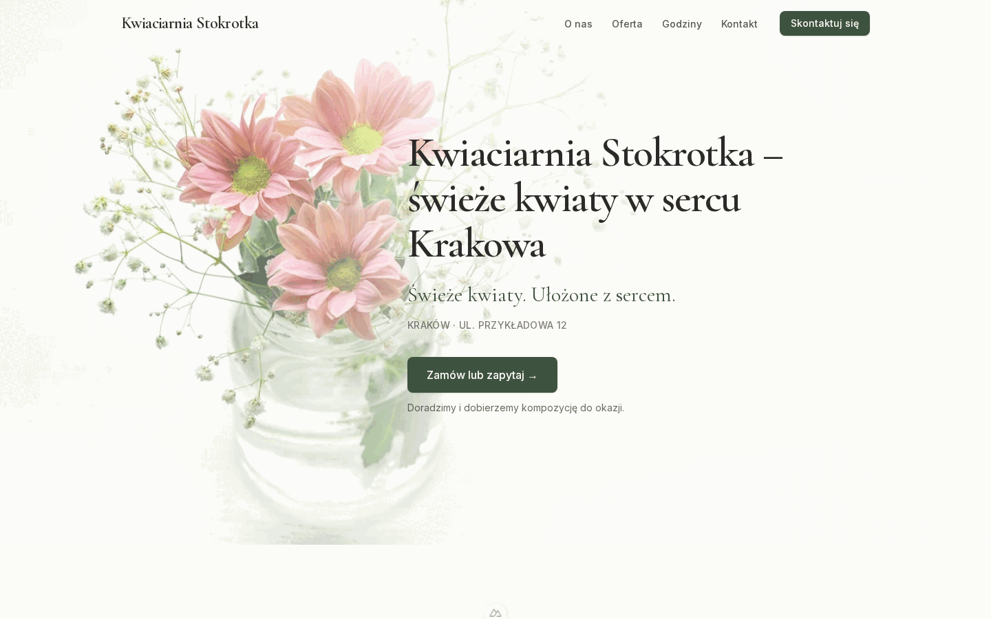 Strona wygenerowana przez WebConcept z opisu: Kwiaciarnia Stokrotka. Bukiety na każdą okazję i kompozycje na wesela.